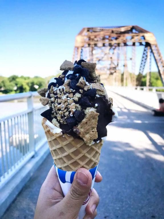 A big ice cream cone from BDI, the Bridge Drive-In, in front of the iconic bridge.