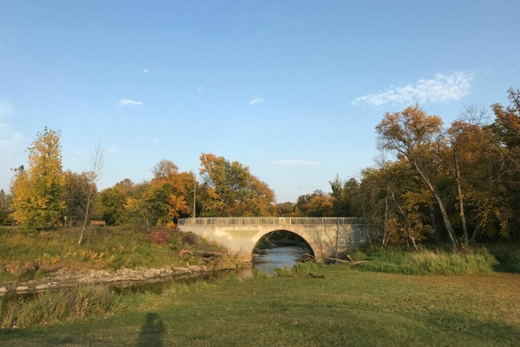 An image of the bridge in Woodhaven Park in the St James neighbourhood.