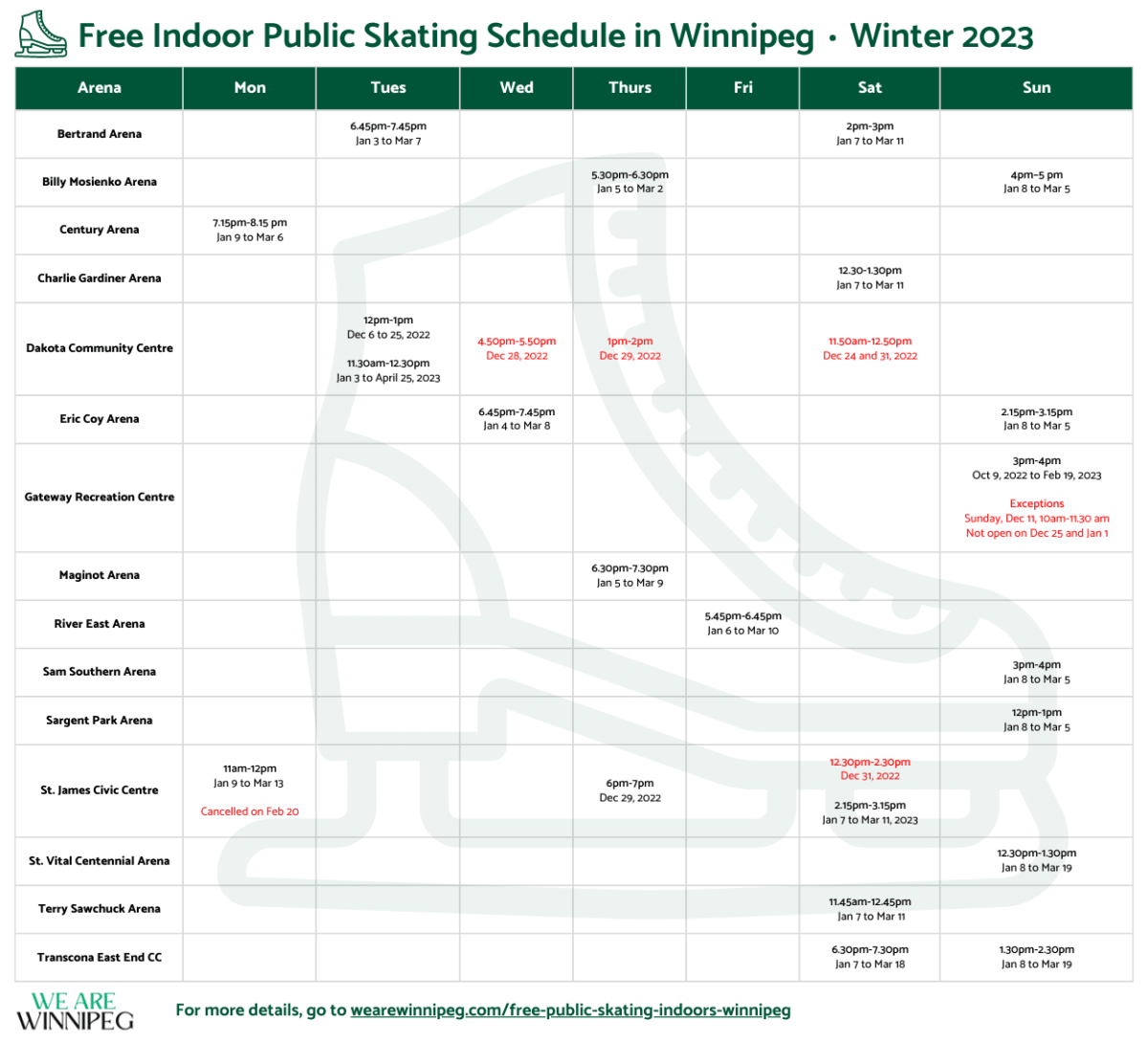 Schedule of free public skating rinks in Winnipeg