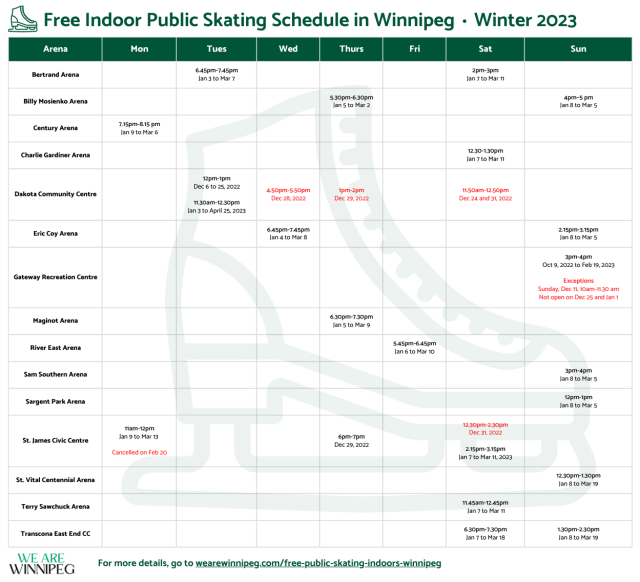 A table listing the schedule of all the free indoor public skating rinks in Winnipeg. The image links to a PDF.